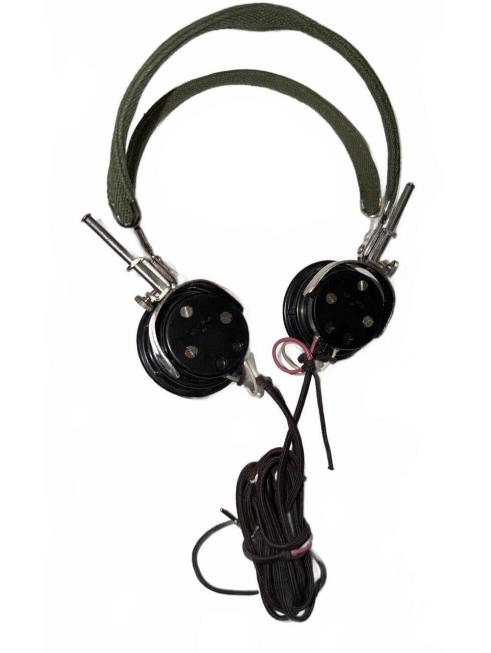 Vintage HS-16A Military Aviation Headphones Olive Drab Canvas Braided Cord